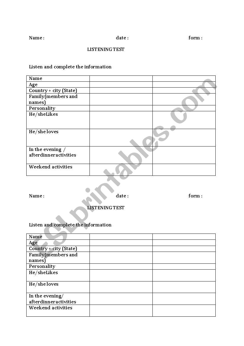 listening test about hobbies  worksheet