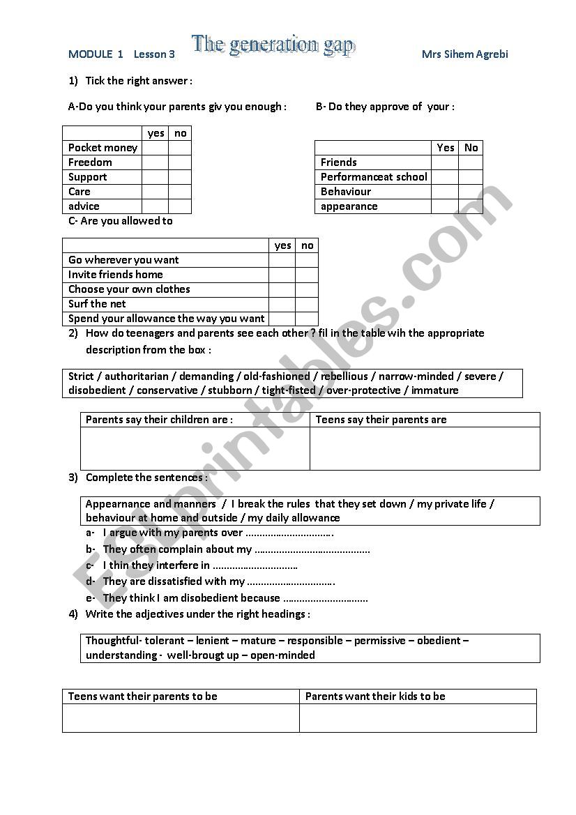 generation gap worksheet