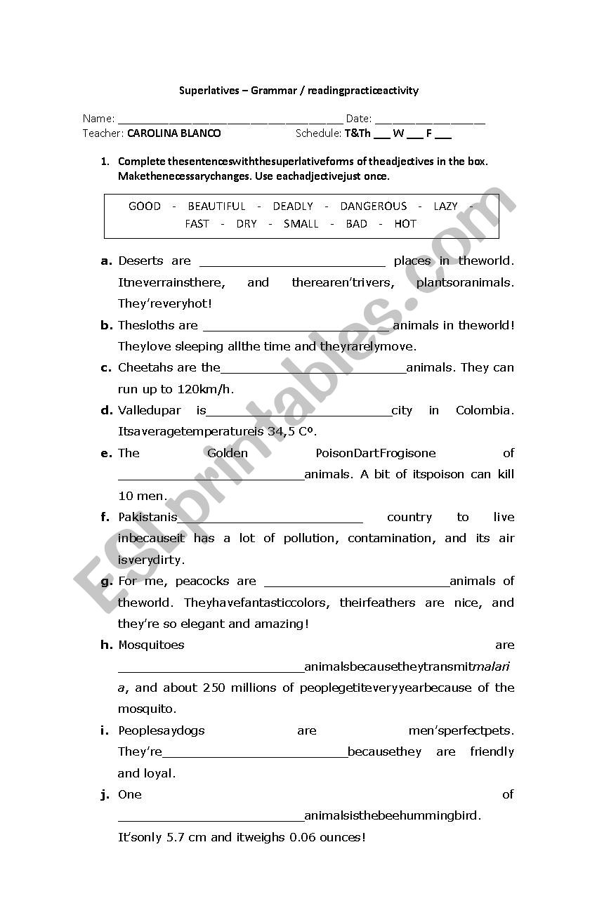 Superlatives - reading and grammar practice