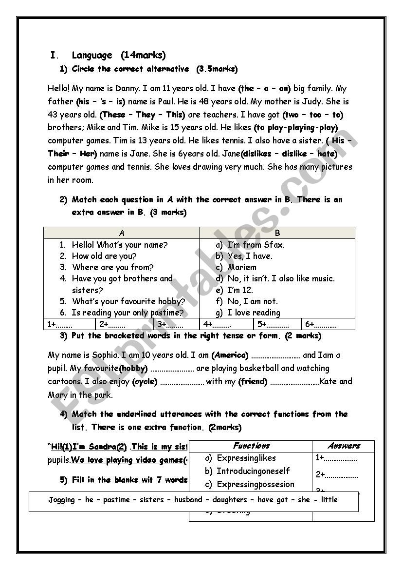 Mid-Semester 1 Test 1 worksheet