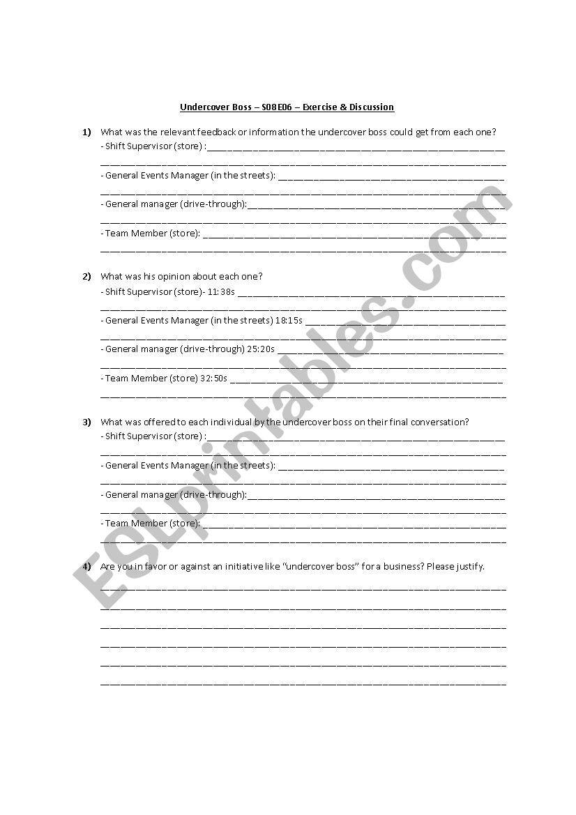 Undercover Boss Worksheet Answers Key