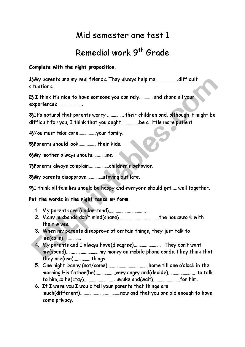 Test correction (9th Grade) worksheet