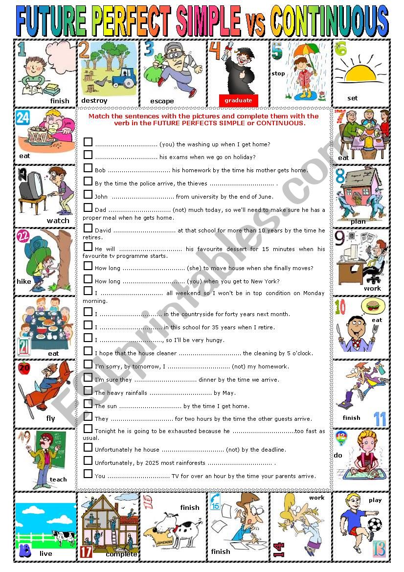 FUTURE PERFECT SIMPLE vs CONTINUOUS -  Pictionary + Exercises + KEY + teachers extras  