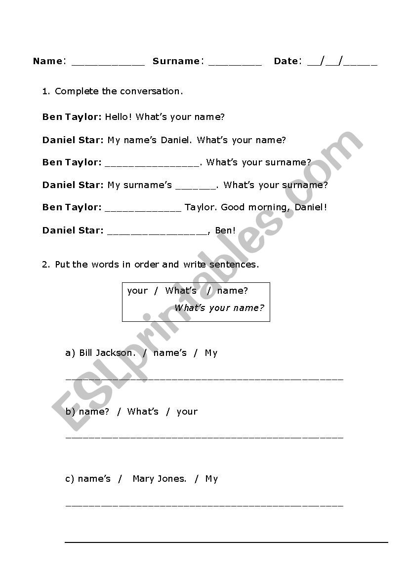 Whats your name worksheet