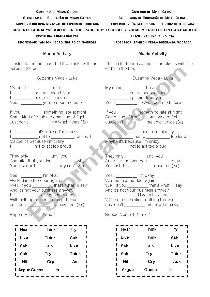 Present Simple Song - Luka worksheet