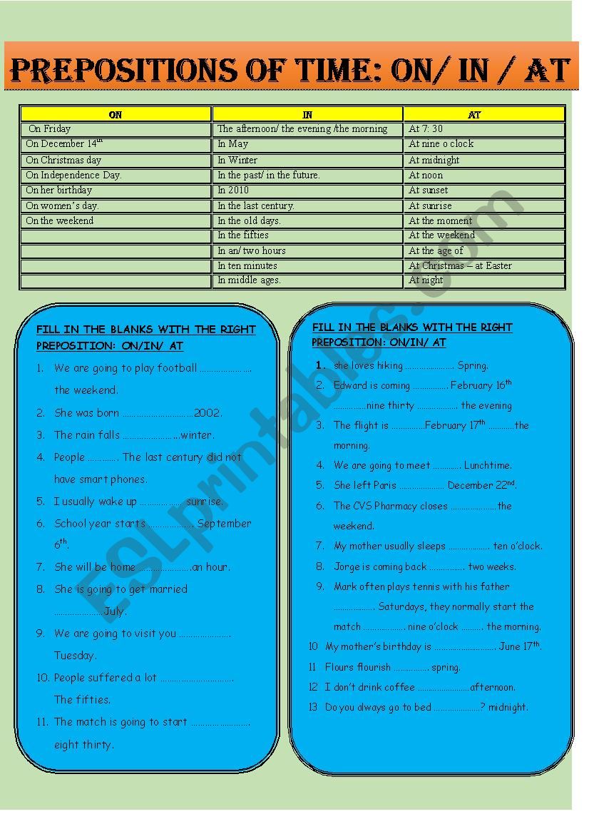 PREPOSITIONS OF TIME: ON / IN / AT