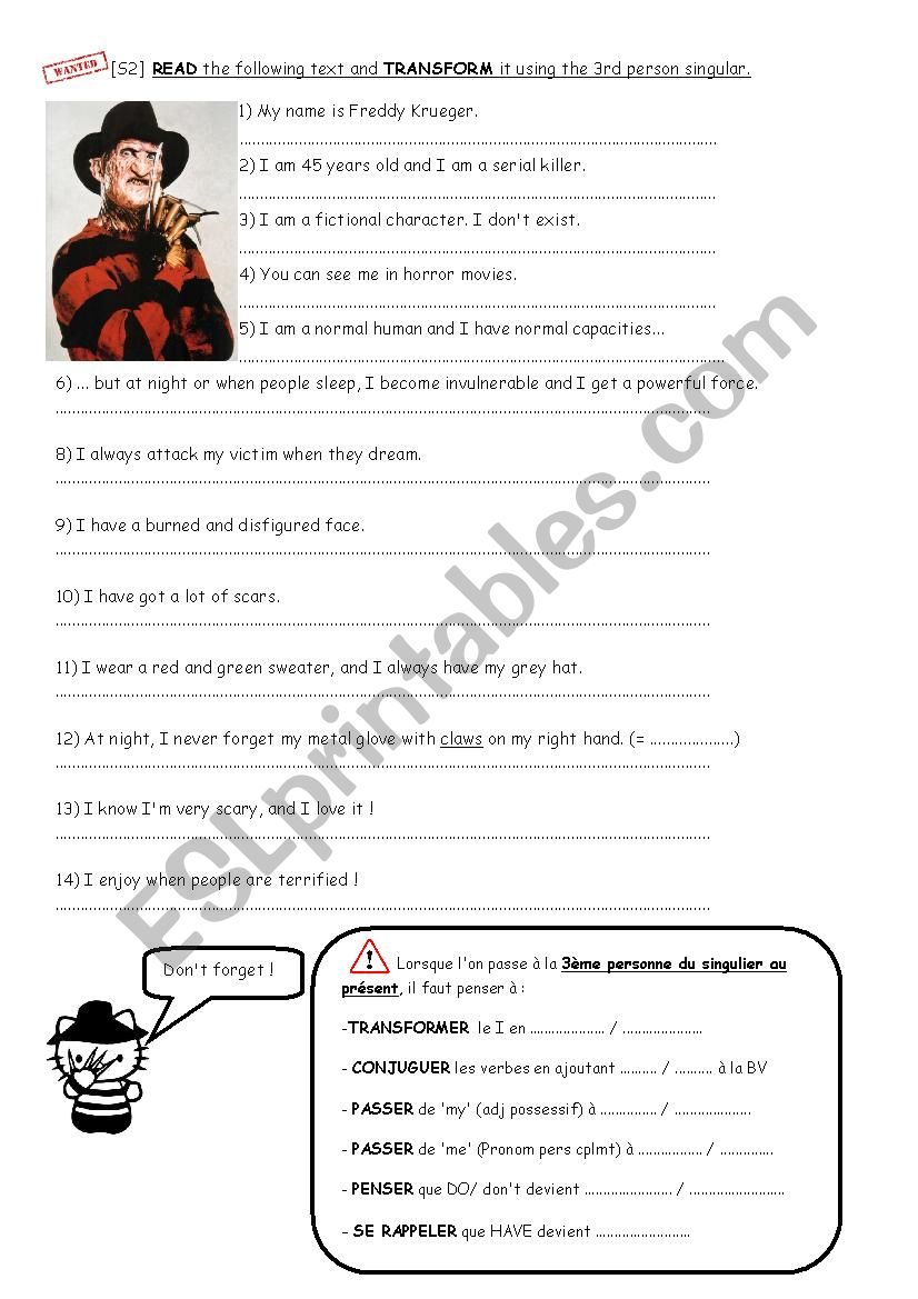 Freddy Krueger presentation worksheet