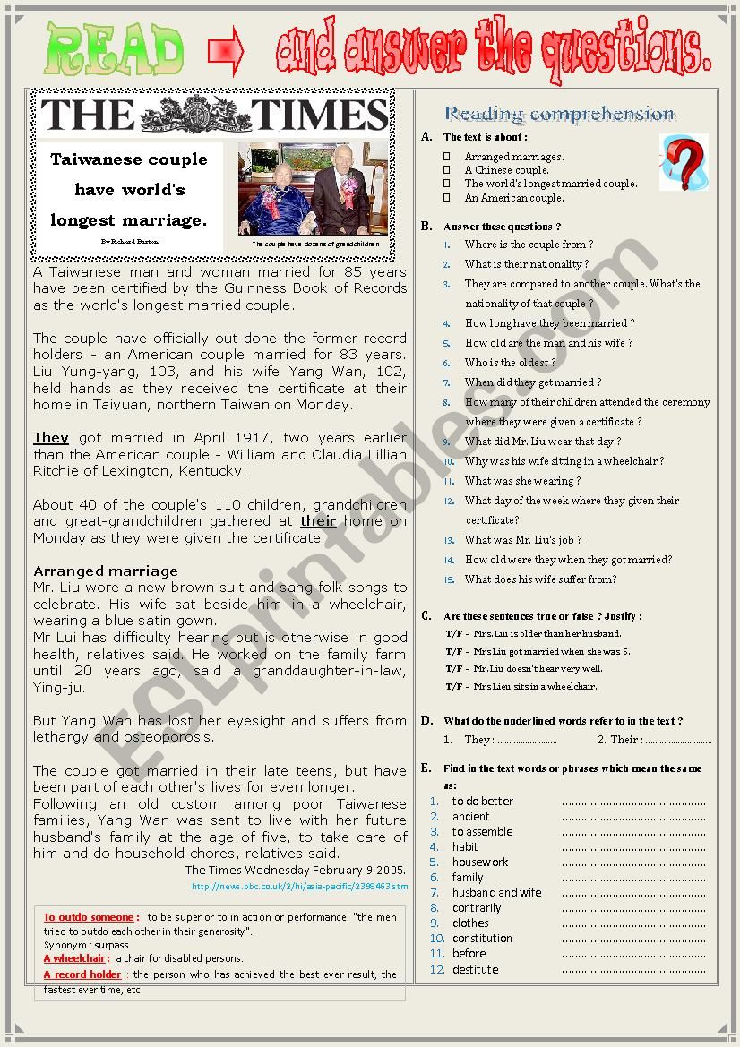TAIWANESE COUPLE HAVE WORLDÂ´S LONGEST MARRIAGE  -   Reading Comprehension + Questions + KEY.
