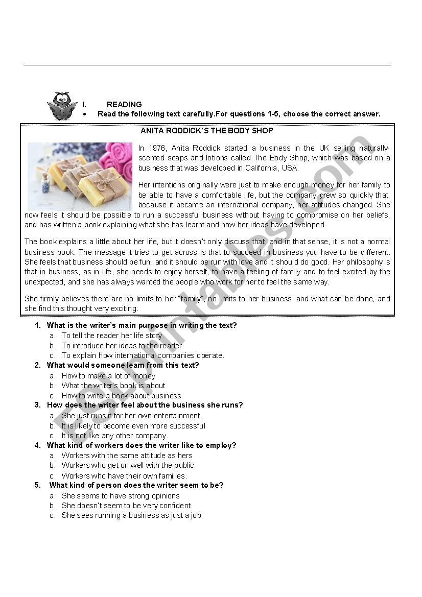 Reading and grammar Quiz worksheet