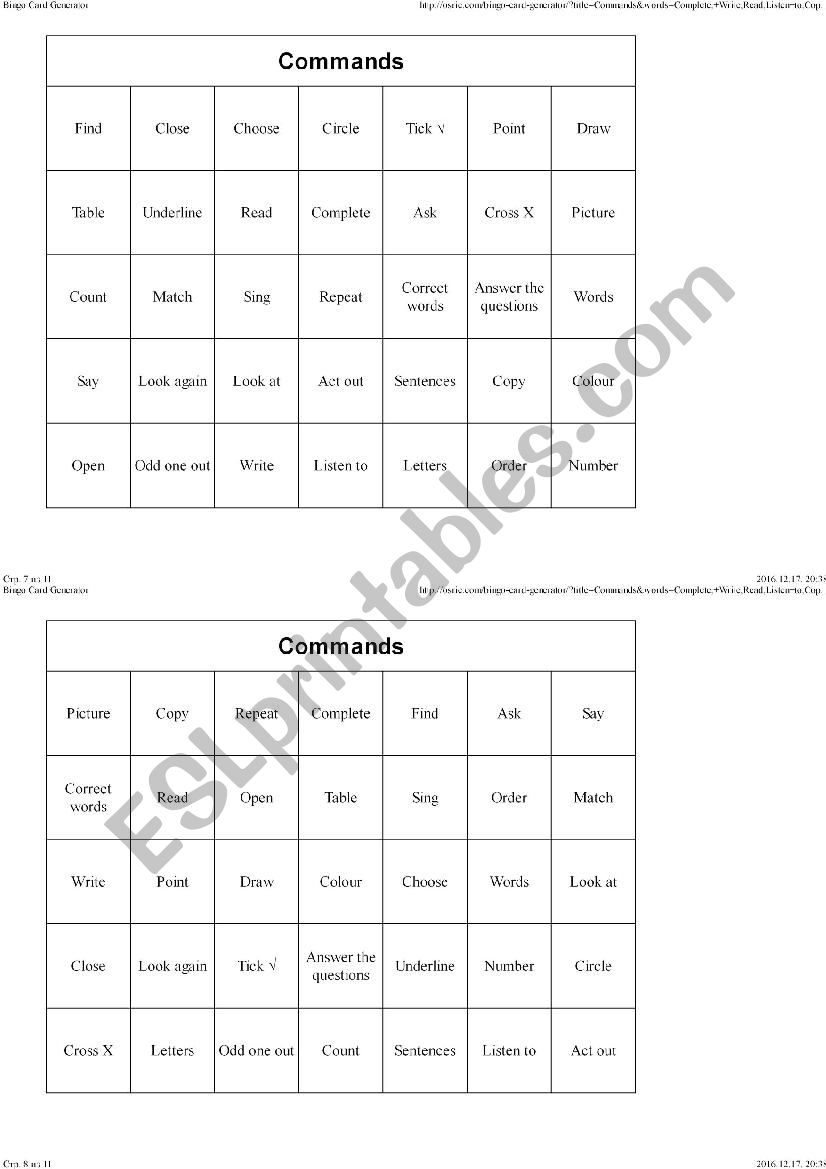 Textbook commands Bingo worksheet
