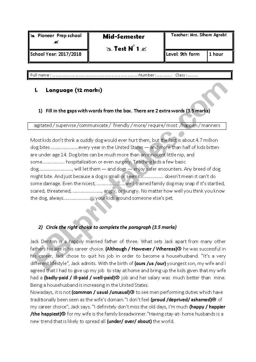 Mid- term  test 1 9th Form worksheet