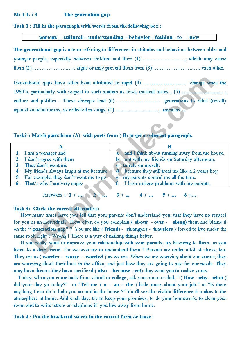 generation gap worksheet