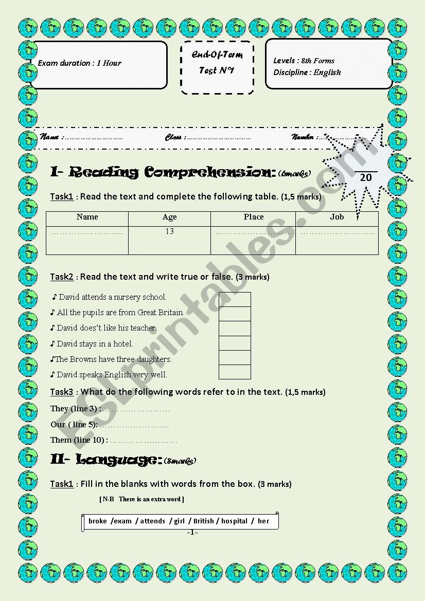 test intermediate level worksheet