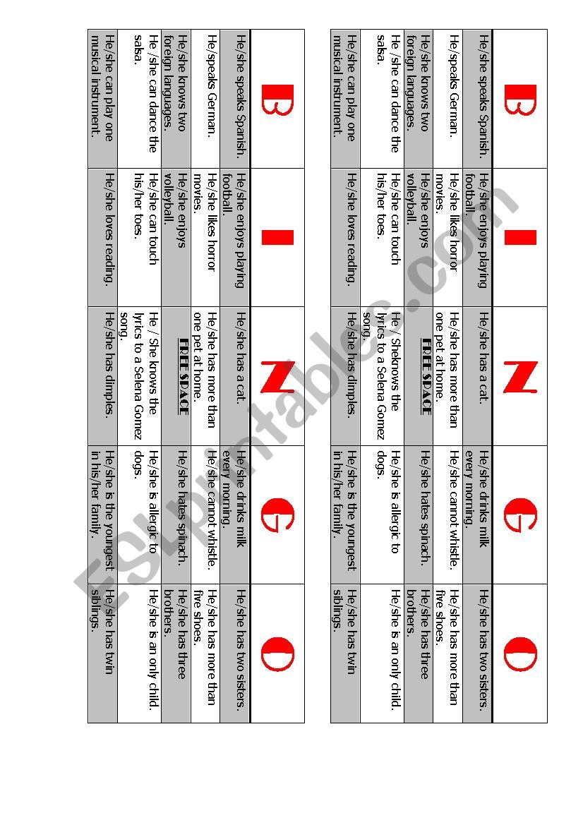 Bingo Gamw worksheet