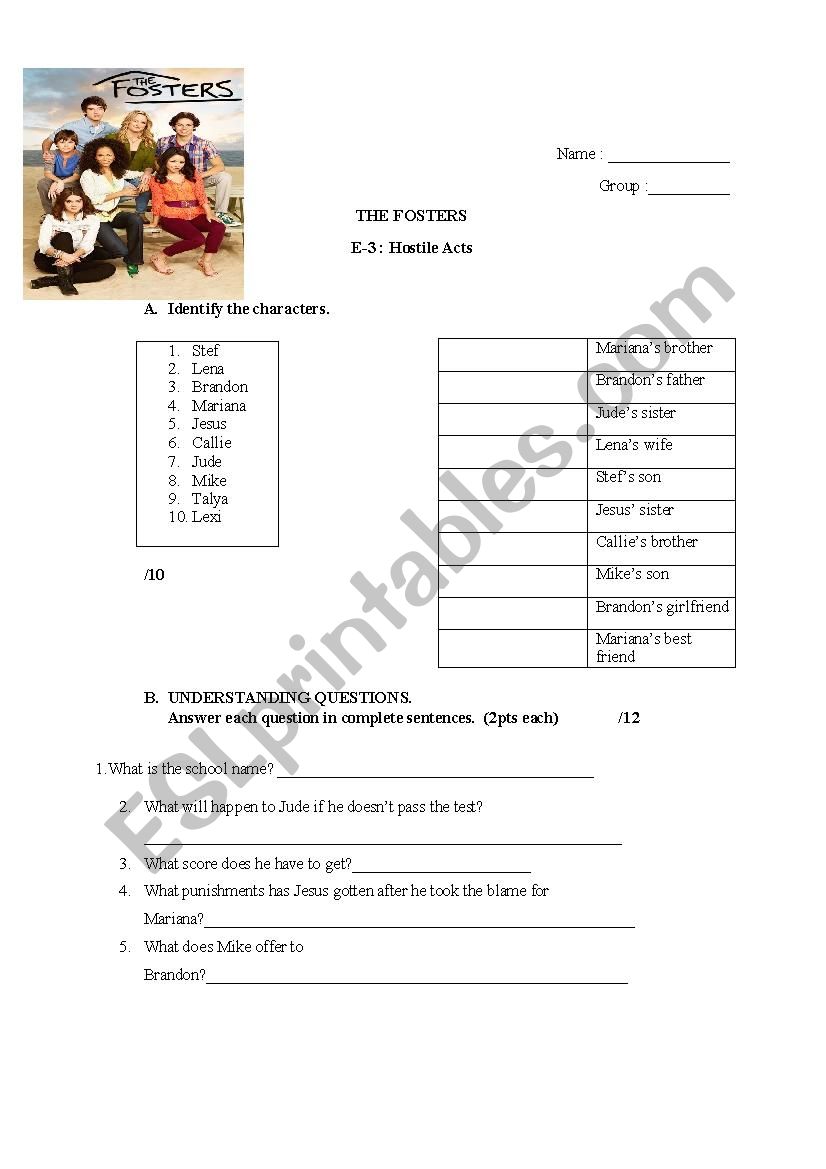 The Fosters Episode 3 worksheet
