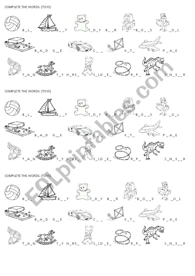 COMPLETE THE WORDS - TOYS worksheet