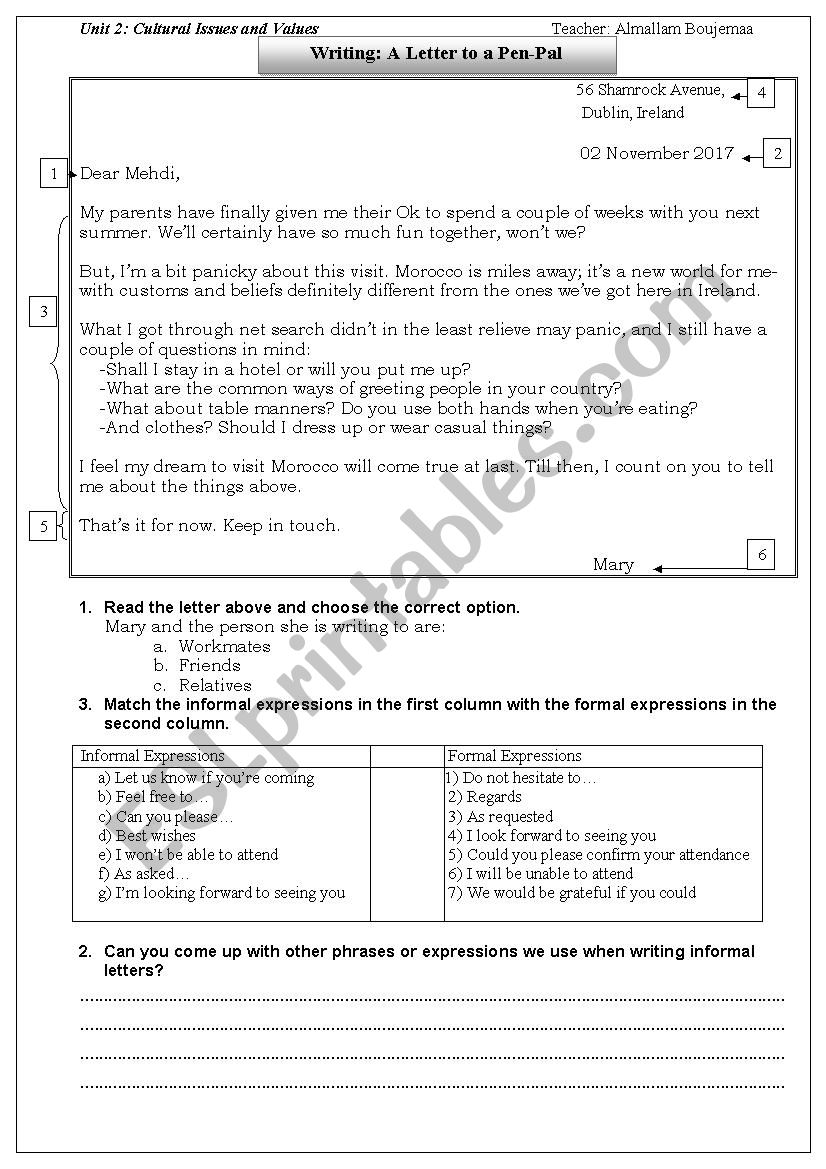 Writing Informal letter worksheet