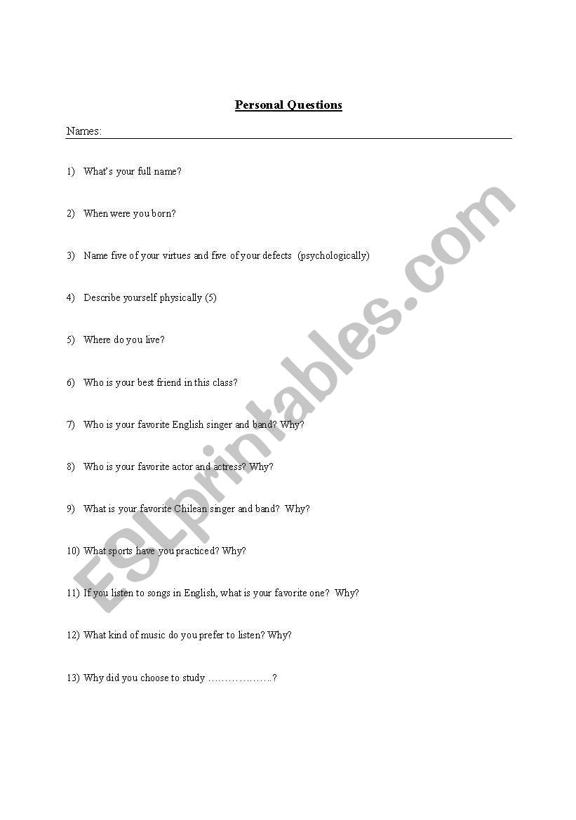 Personal Questions worksheet