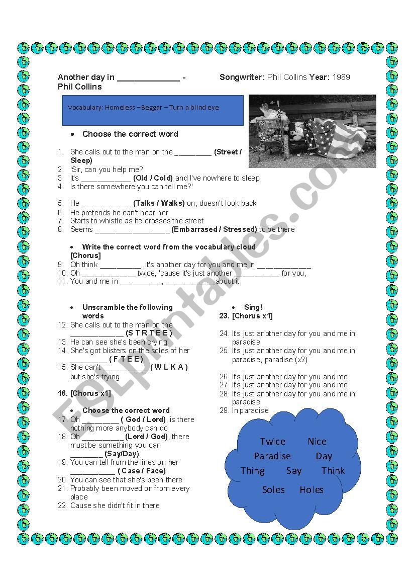 Another day in paradise online worksheet