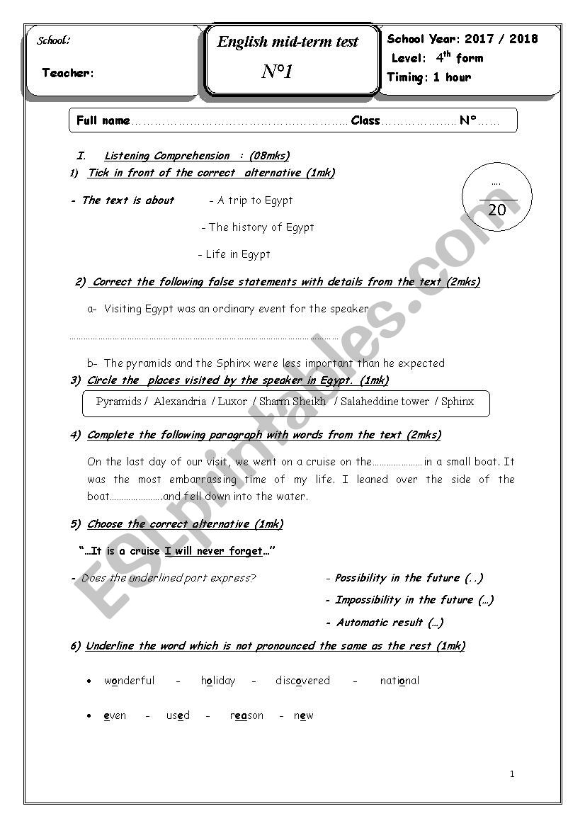 Mid Term Test 1   4th Form Arts