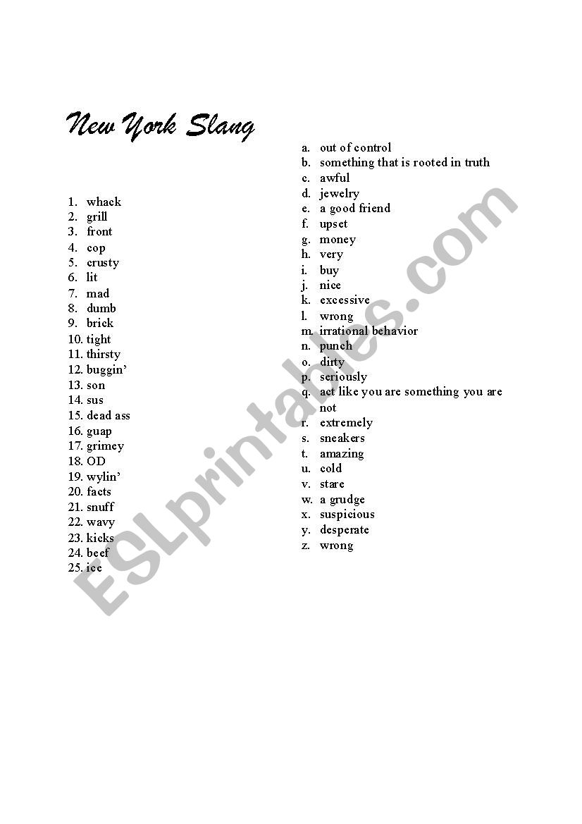 New York slang worksheet