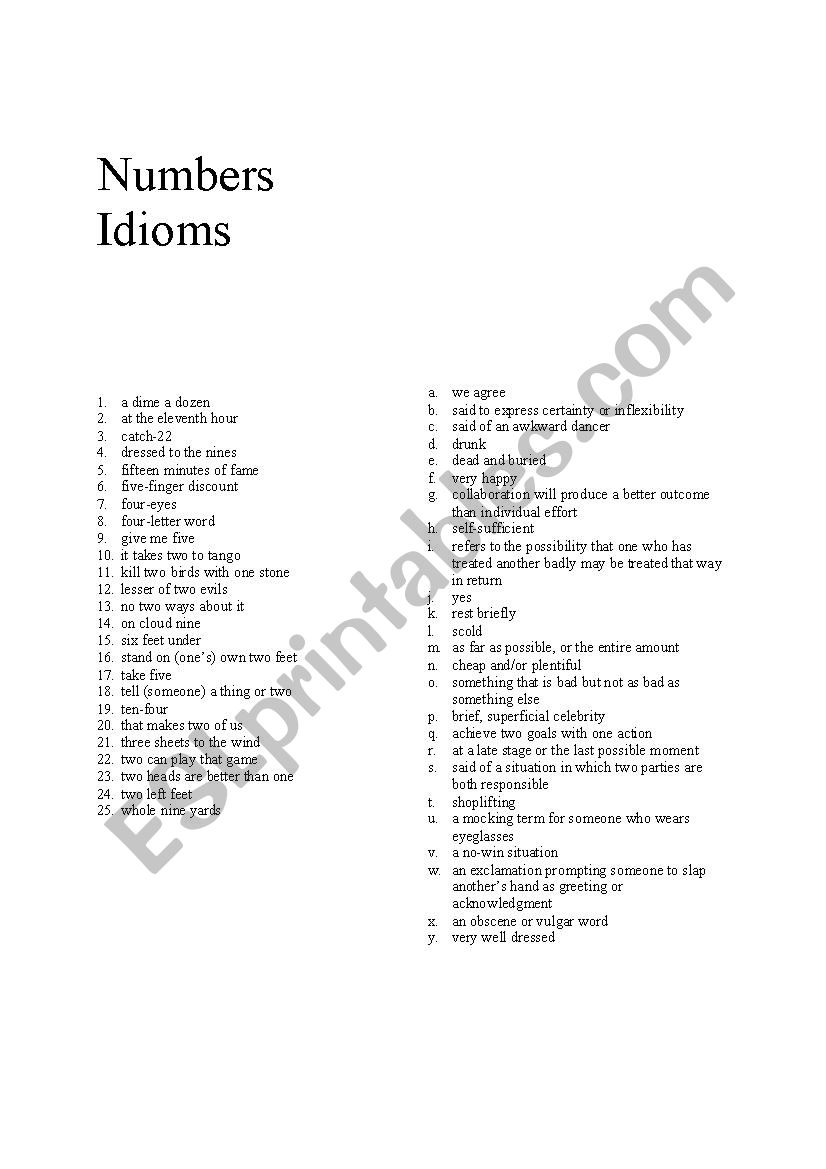 Numbers idioms worksheet