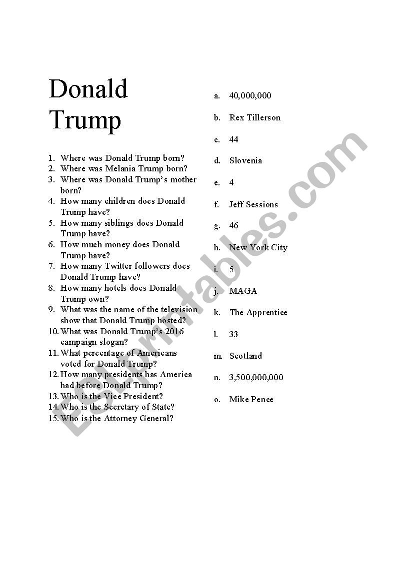 Donald Trump worksheet