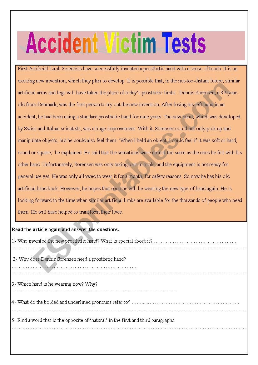 Accident Victims worksheet