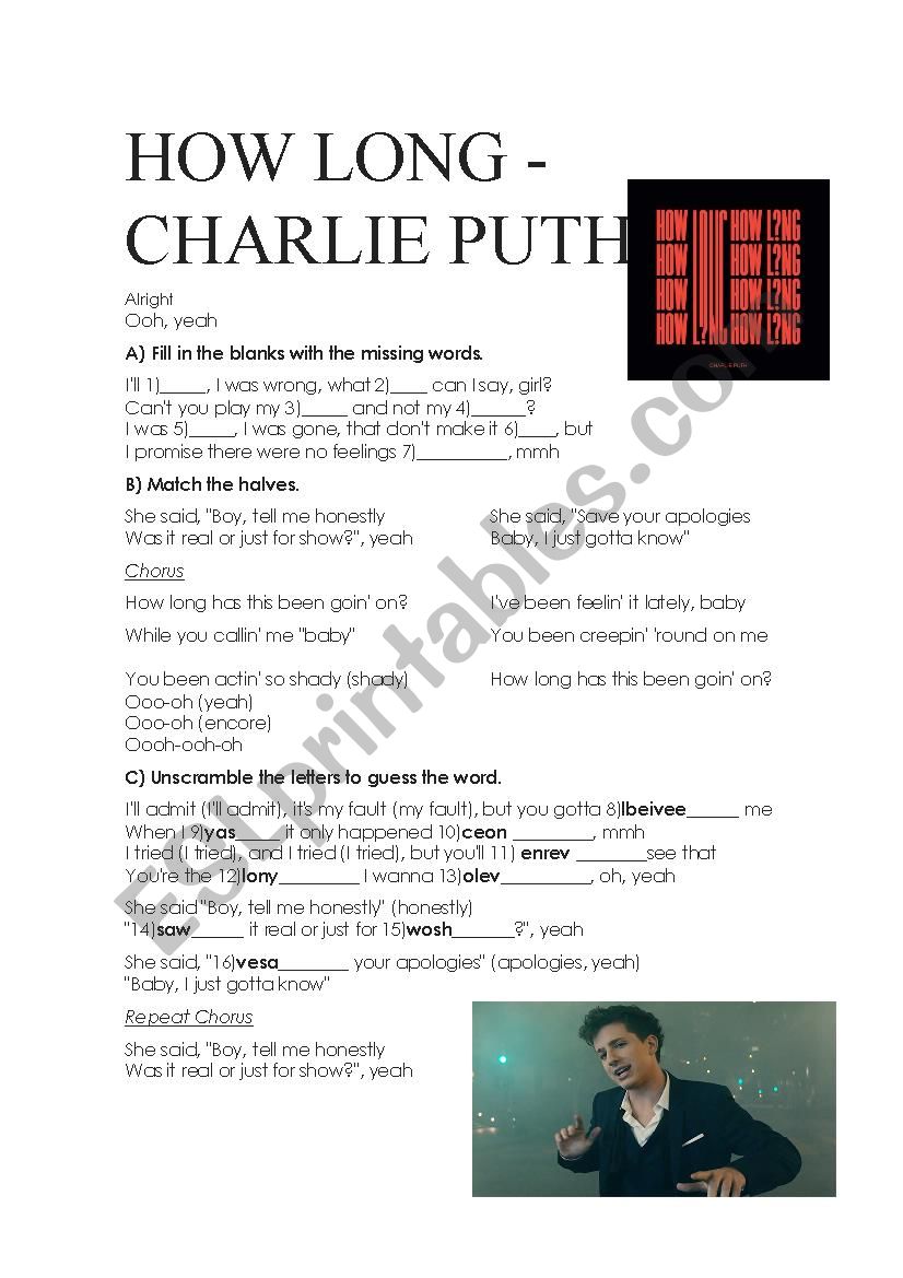How Long - Charlie Puth worksheet