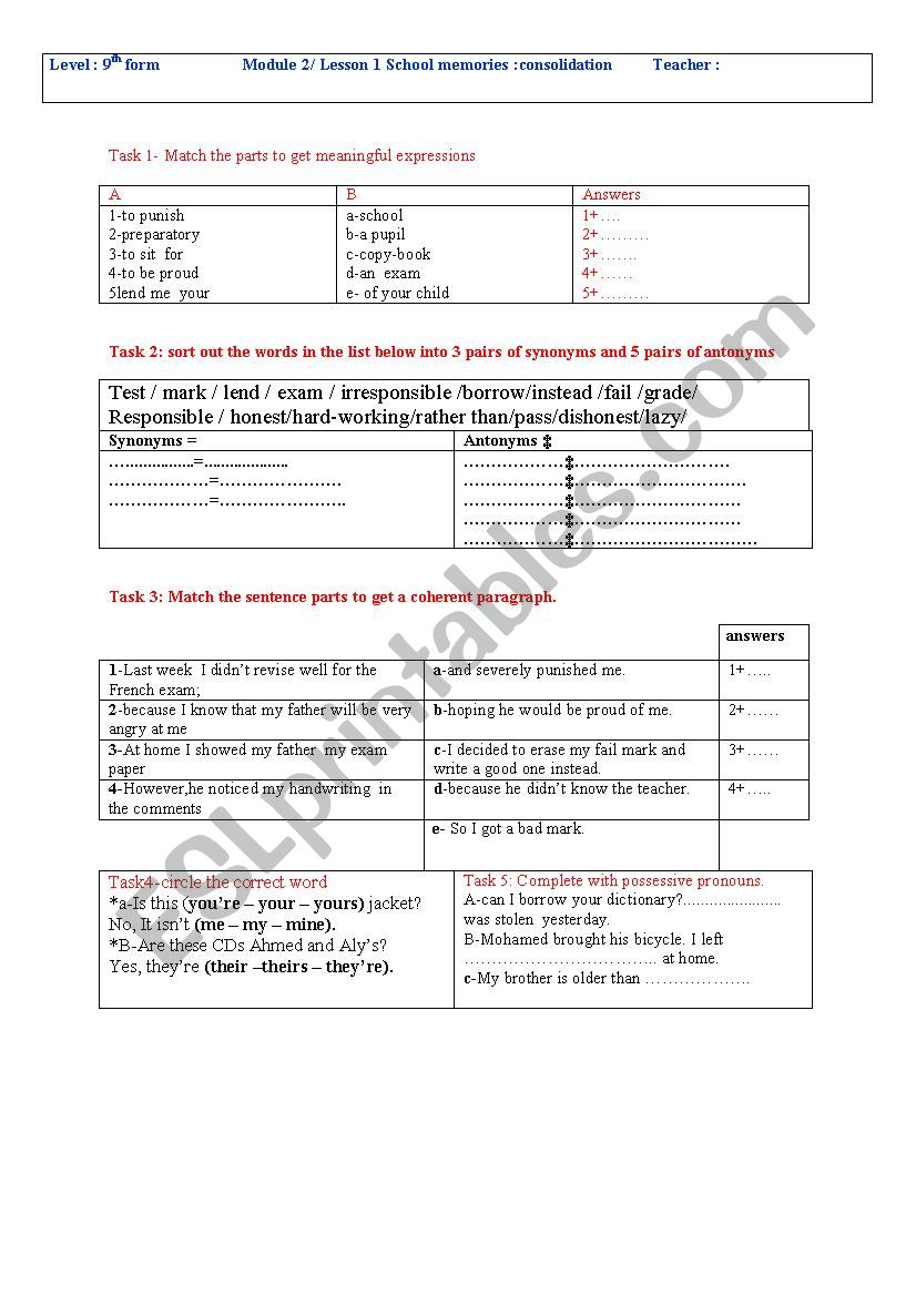 school memories  worksheet