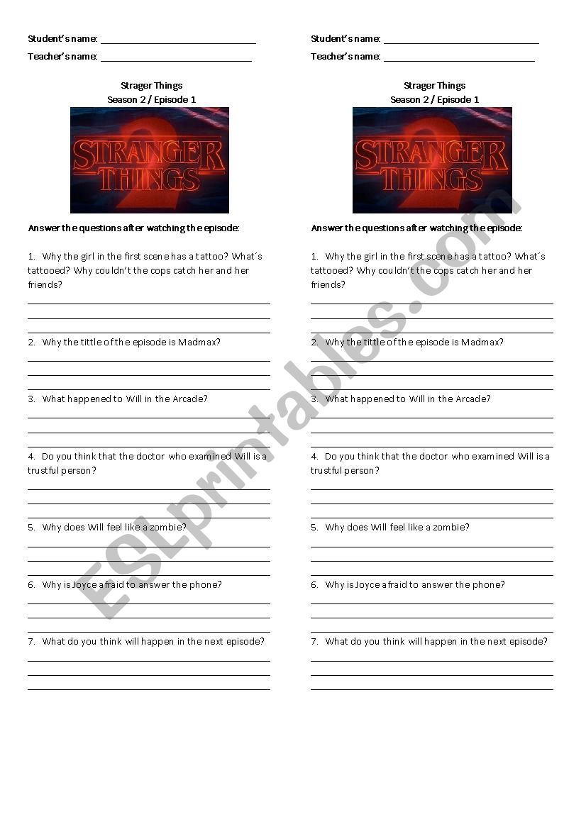 Stranger Things 2 worksheet