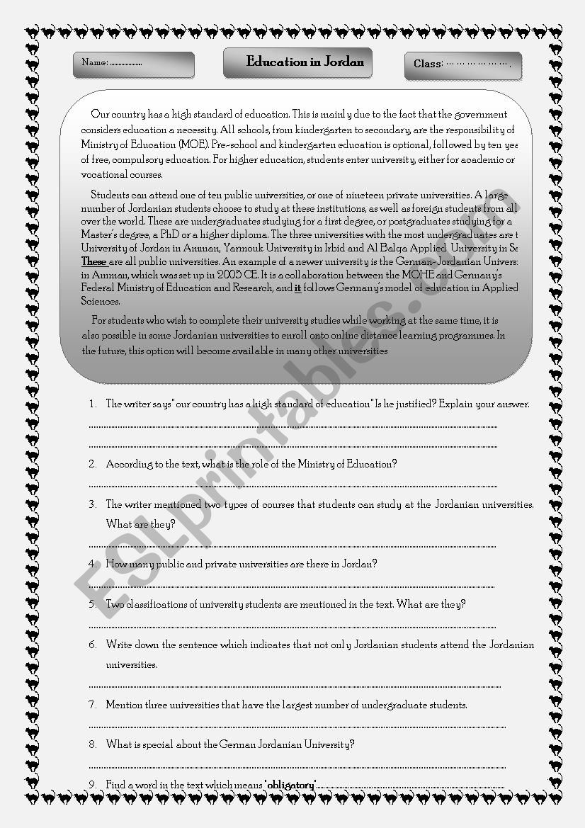 EDUCATION IN JORDAN worksheet