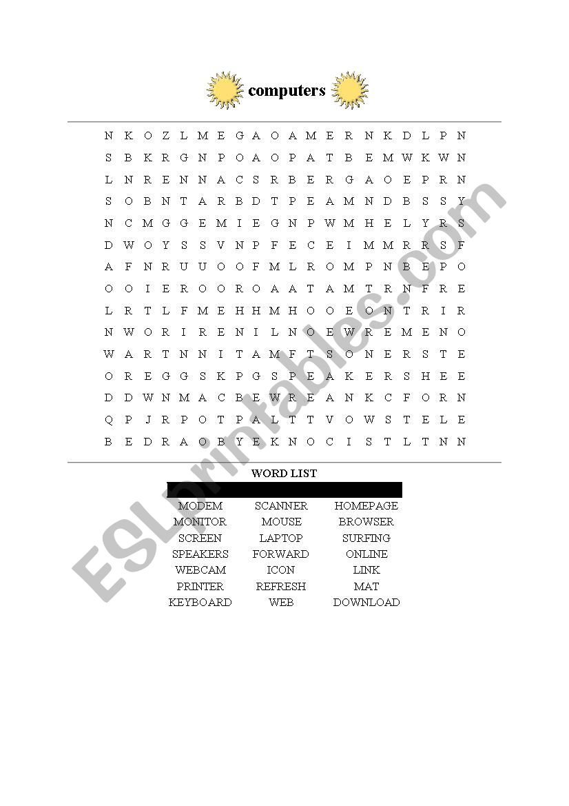 Computer vocabulary wordsearch