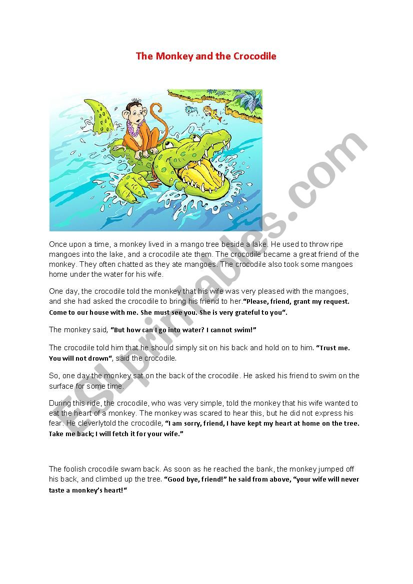 The monkey and the crocodile  worksheet