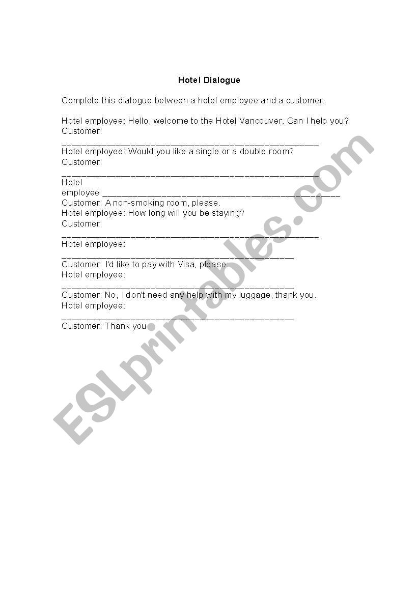 Hotel dialogue worksheet