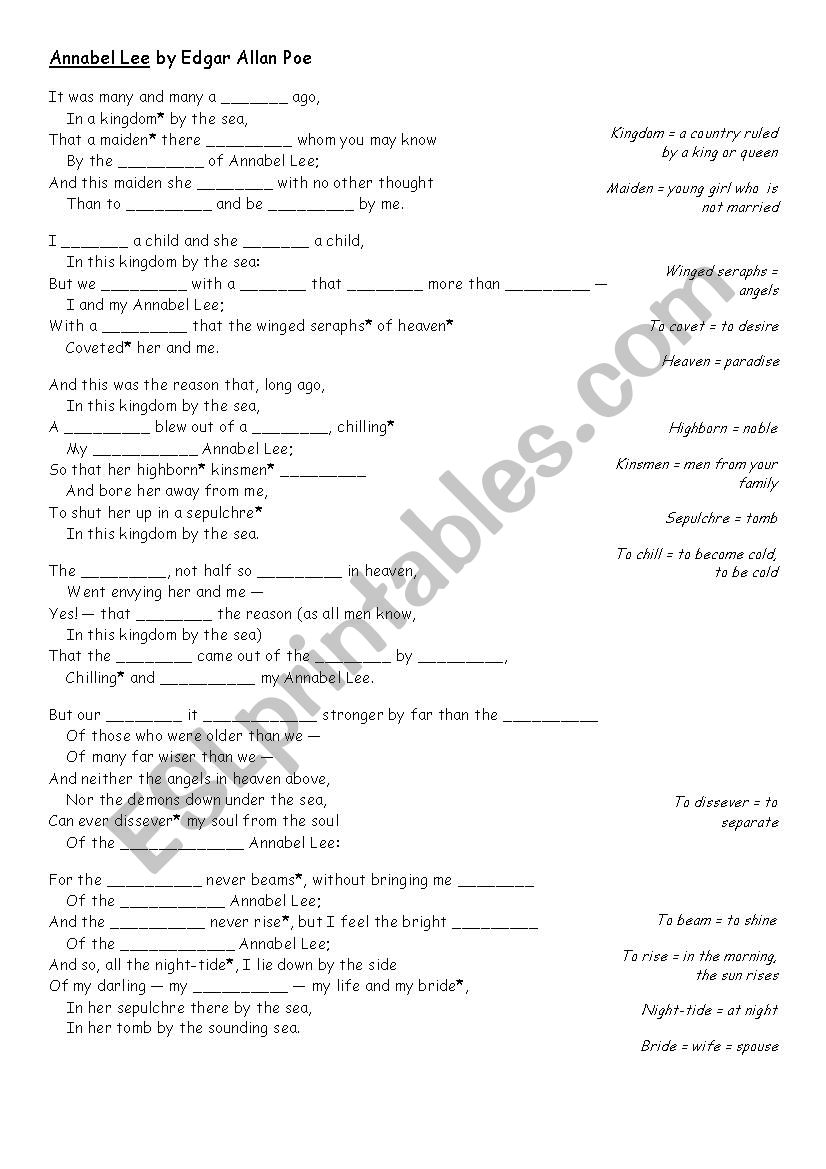 ANNABEL LEE worksheet