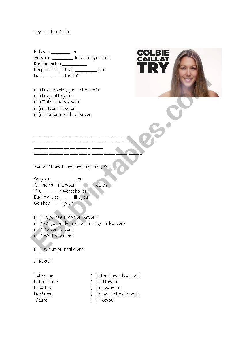 Try - Song activity worksheet