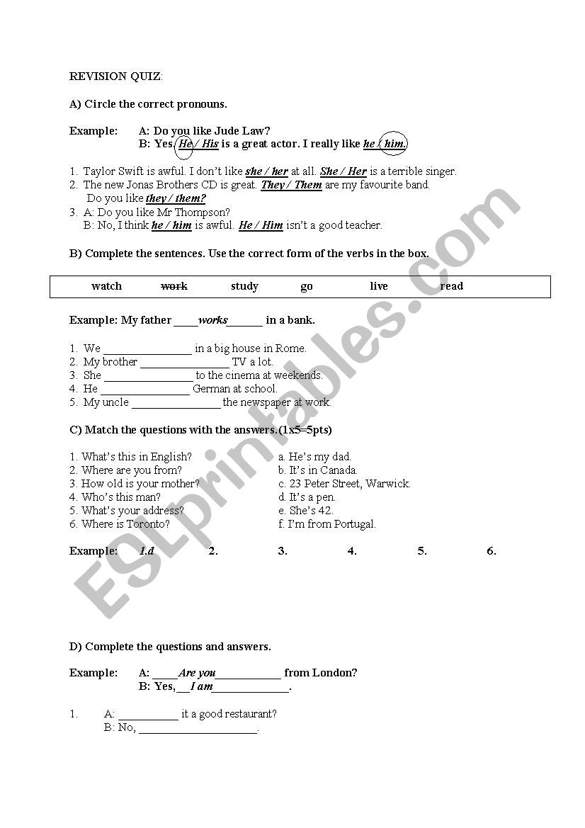 revision worksheet worksheet