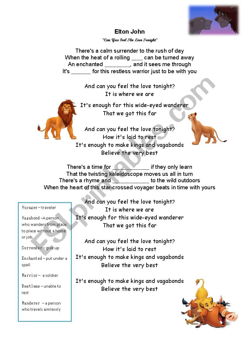 Can you feel the love tonight worksheet