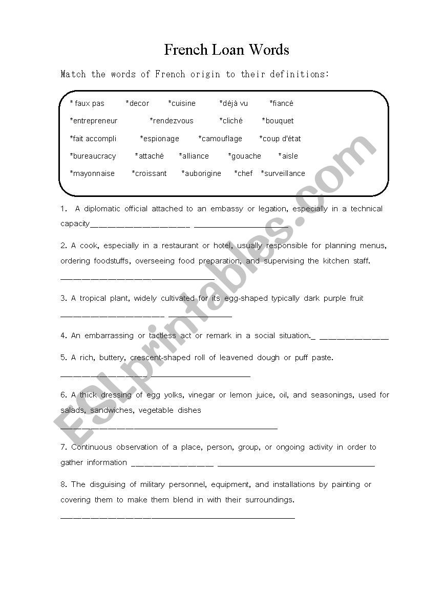 French loan words worksheet