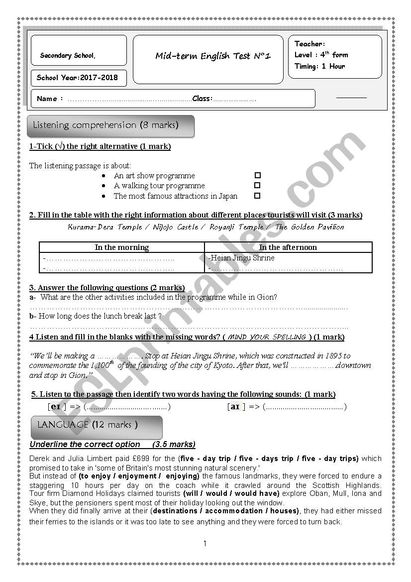 Ordinary Test 1   4th Form  worksheet