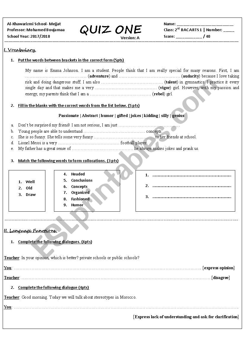 Quiz of Unit One And Two Moroccan Second Year Bac Arts and Human Sciences