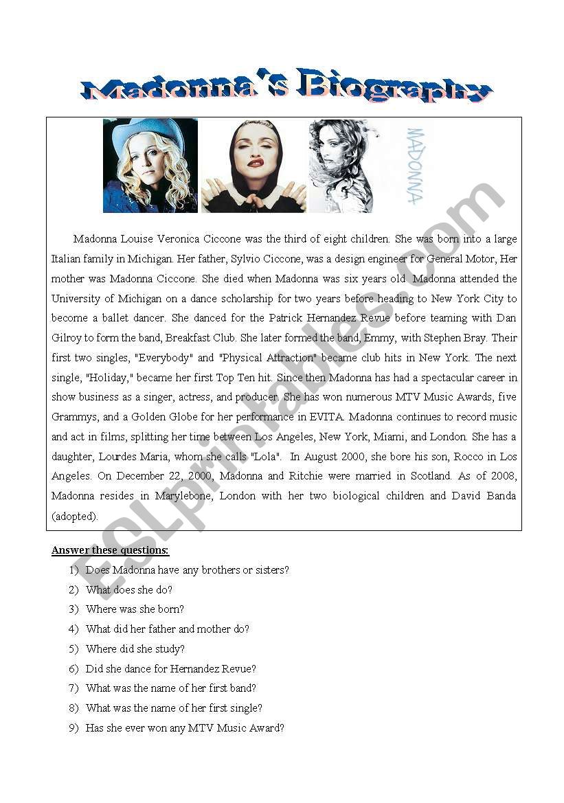 Madonnas biography worksheet