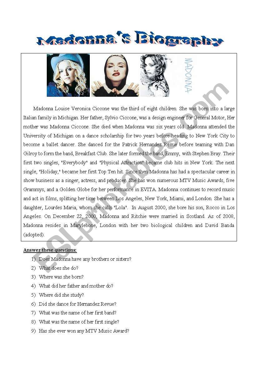 MadonnaÂ´s biography worksheet
