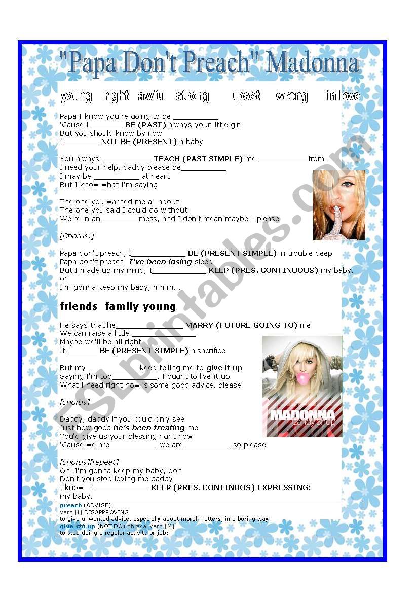 Papa dont preach MADONNA worksheet