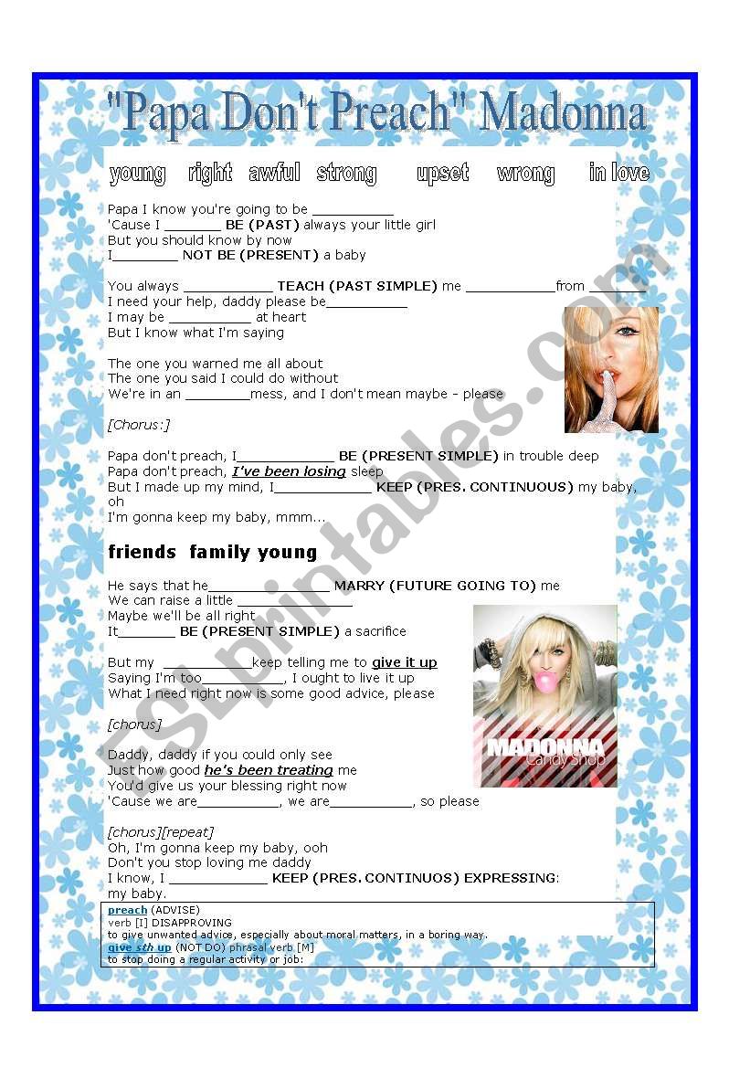 Papa donÂ´t preach MADONNA worksheet