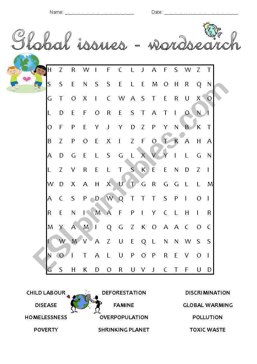 Global issues wordsearch worksheet