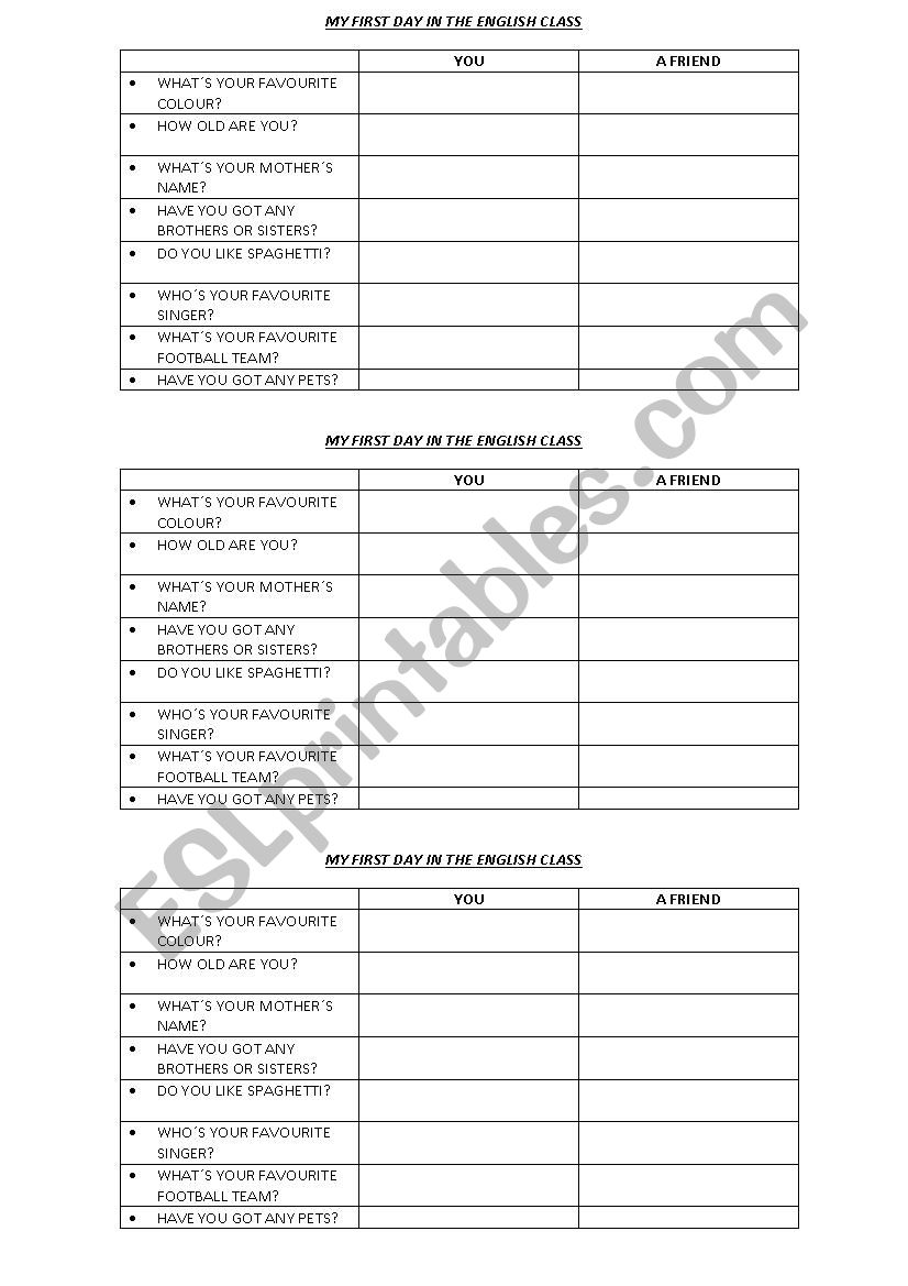 First day activity worksheet