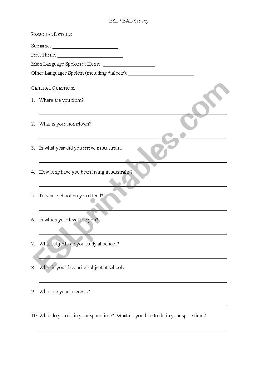 ESL Survey worksheet