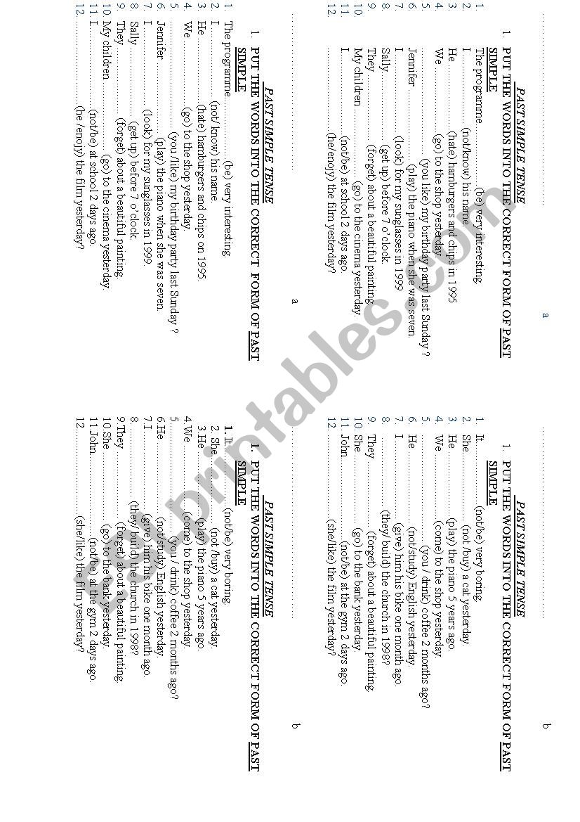 past simple short test worksheet